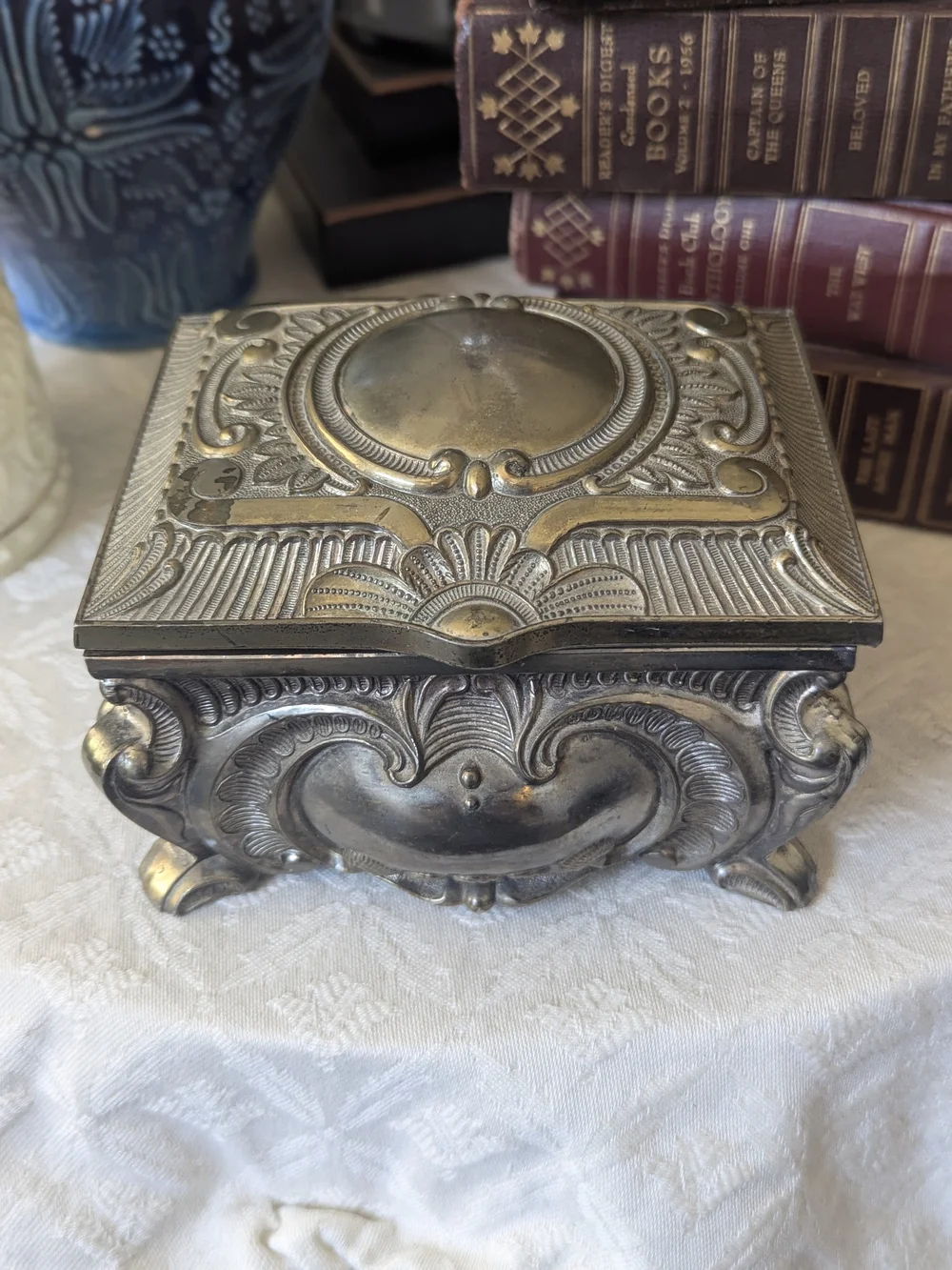 Ornate Metal Jewelry Casket – Hand-Restored Velvet Interior